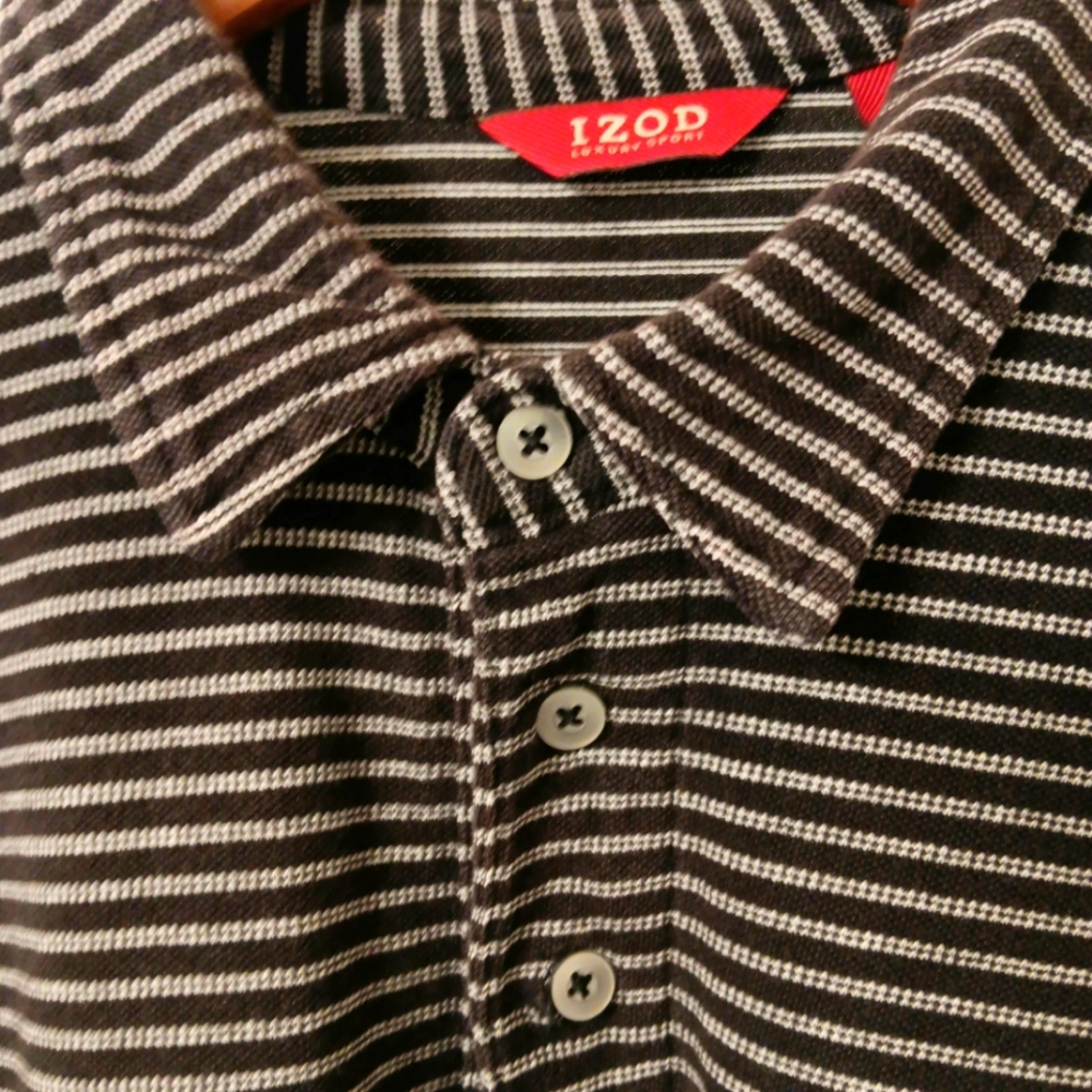 Izod Men's Knit Polo Shirt Size Large Brown w/ White Stripes S/S 100% Cotton